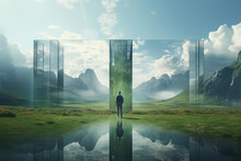 Man Silhouette Standing In Mountain Landscape With Mirror Portal. Travel To Fantasy World. Created With Generative AI