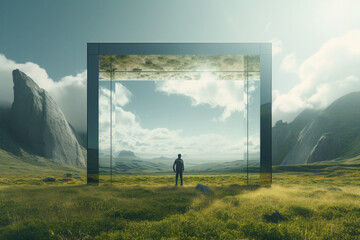 Man silhouette standing in mountain landscape with mirror portal. Travel to fantasy world. Created with Generative AI