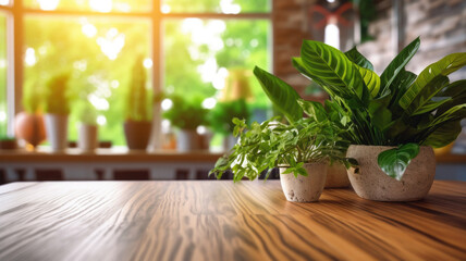 Wall Mural - Kitchen background with green plant on table with morning sunlight in window. Created with Generative AI