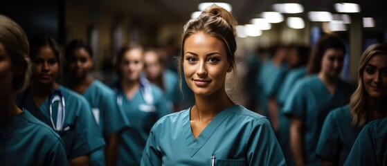 Poster - Smiling beautiful female healthcare workers or healthcare students  looking at the camera