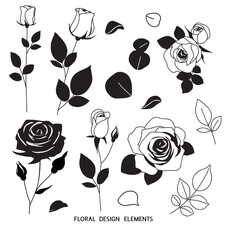 Aufkleber - Set of one line drawing. Decorative rose with bud and petal. Hand drawn floral elements for tattoo or sticker design. Vector stock illustration.	