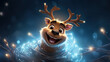 Lustiges, lachendes Weihnachts-Rentier im Cartoon-Stil, dass sich in einer Lichterkette verfangen hat.