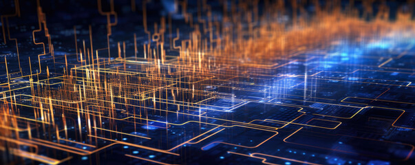 Abstract background with a mosaic of digital circuitry and binary code, symbolizing technology, connectivity, and digital innovation in the business landscape panorama