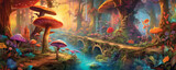 Fototapeta Młodzieżowe - Enchanted Rainbow Forest: magical panorama of a whimsical forest, where vibrant rainbows arch across the sky, and colorful flora