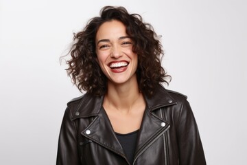 Canvas Print - Portrait of a beautiful young woman with curly hair smiling against white background