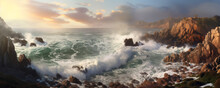 Panoramic Seascape Capturing The Raw Power Of Crashing Waves Against Rugged Cliffs, With Dramatic Coastal Rock Formations