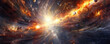 celestial collision on an abstract background, with cosmic debris and radiant bursts of light, portraying the grandeur of the universe panorama