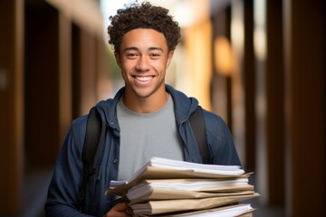 Wall Mural - Portrait of a young male student with textbooks going to class. Back To School concept. Backdrop with selective focus