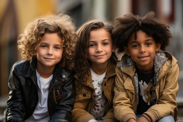 Poster - Children sit on the steps of the school stairs during recess. Back To School concept. Background with selective focus