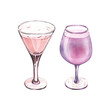 Watercolor cocktail lavender and pink cocktail in glass. Hand-drawn illustration isolated on white background. Perfect for recipe lists with drinks, brochures for cafe, bar