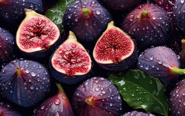 Red purple fig fruits background with drops of water generative ai