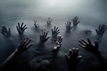 The hand of a drowning man above the surface of the water