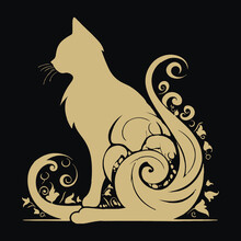 Vintage Ornamental Cat Silhouette. Floral Patterned Old Retro Art Nouveau Style Beautiful Golden Cat Pattern With Swirls, Lines, Flowers. Black Modern Background. Vector Ornate Isolated Design