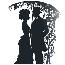 Woman And Man Silhouettes With Umbrella Surrounded By Vintage Flowers In Art Nouveau Style. Love Couple. Vector Pair Silhouette On White Background. Old Retro Nouveau Style Black And White Design