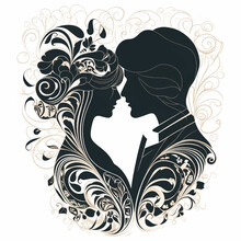 Love Couple. Woman And Man Silhouettes Surrounded By Vintage Flowers In Art Nouveau Style. Vector Love Pair Silhouette On White Background. Old Retro Nouveau Style Black White Golden Floral Design