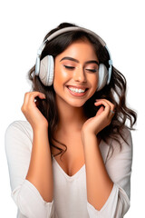 Young Latin lady using wireless headphones on isolated transparent background