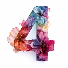 Number 4 With Watercolor Floral For Wedding Invitations, Greeting Card, Logo, Poster, Birthday, And Other Floral Design. Isolated On White Background
