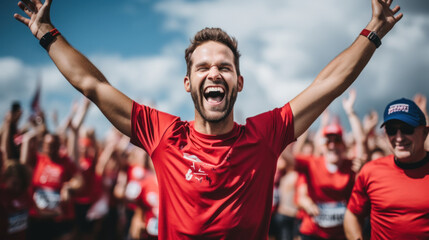 Poster - A man in a red shirt is raising his arms. Generative AI image.