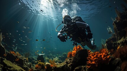 Underwater shot, scuba diver exploring coral reef, ocean. Generative AI