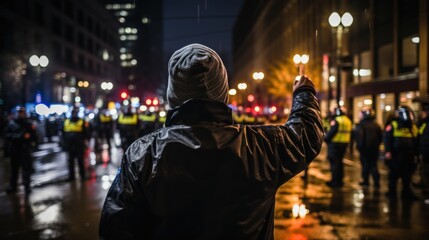 Canvas Print - A man in a black jacket holding an umbrella. Generative AI image.