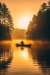 Poster - A person in a canoe on a lake at sunset. Generative AI image.