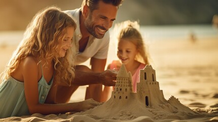 Poster - A man and two little girls building a sand castle. Generative AI image.