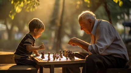 Canvas Print - An old man and a young boy playing a game of chess. Generative AI image.