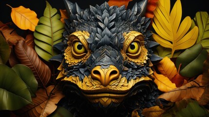 Canvas Print - A close up of a statue of a bird surrounded by leaves. Generative AI image.