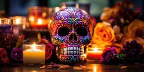 Canvas Print - A sugar skull with a candle in front of it. Generative AI image.