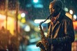 A street musician plays a soulful melody on a saxophone. Generative AI
