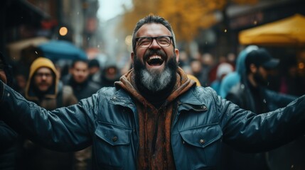 Sticker - A man with a beard and glasses standing in front of a crowd. Generative AI image.