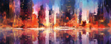Fototapeta Nowy Jork - abstract background resembling a vibrant cityscape at twilight, with glowing lights and reflections, capturing the urban energy and allure panorama
