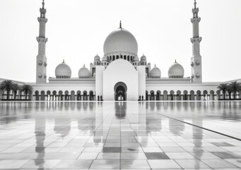 Beautiful Black and White Photo of the Grand Mosque in Abu Dhabi Generative AI