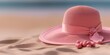 © Montalumirock - Pink straw hat on beach sand holiday background. AI Generated