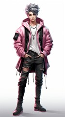 Wall Mural - A man in a pink jacket and black pants. Generative AI. K-pop virtual idol design.