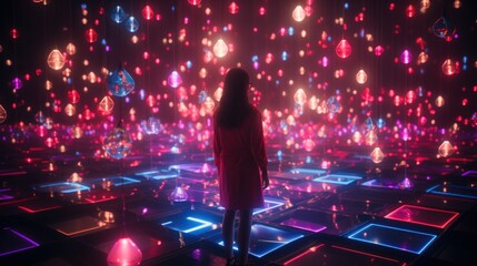 Wall Mural - A woman standing in front of a wall of colorful lights. Generative AI image.