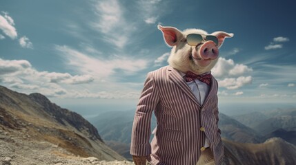 Canvas Print - A pig wearing a suit and sunglasses on a mountain. Generative AI image.