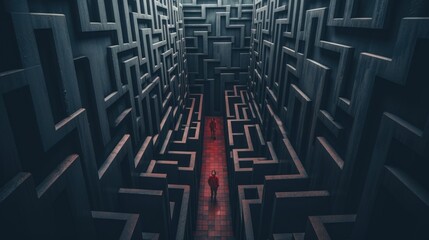 Poster - A person walking through a maze in a dark room. Generative AI image.