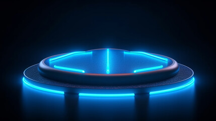 Close up of a glowing blue futuristic smartphone charger. Innovative future design for trendy smart phone charge station. Posh sophisticated neon rim light device. Ring wirelless charging station