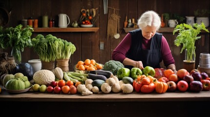 Wall Mural - A woman standing in front of a table full of vegetables. Generative AI image.