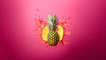 Creative summer layout made of pineapple and pink juice splash against pink background. Original pineapple decoration. Minimal summer concept.
