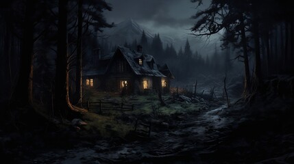 spooky halloween night with ghost in the forest dark haunted house background created with generative ai