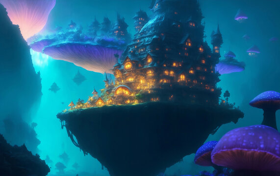 Goblin City with glowing mushroom houses, Generative AI Illustration.