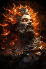 A Close Up Of A Statue Of A Man With Fire On His Head. Generative AI Image.