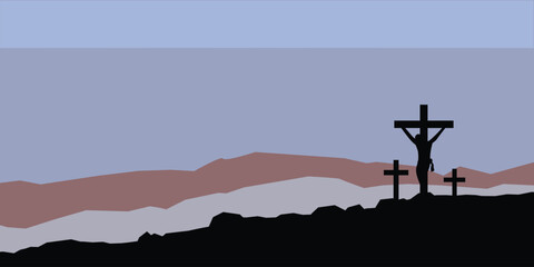 Wall Mural - Jesus silhouette on the cross, 3 crosses, thieves on the side, vector illustration