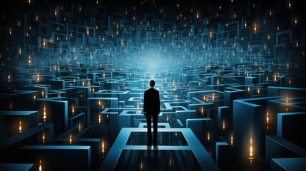 Wall Mural - A man standing in front of a maze. Generative AI image.