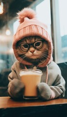 Wall Mural - A cat wearing a hat and glasses sitting at a table. Generative AI image.