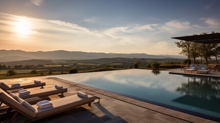 Infinity pool that appears to merge with the horizon, offering stunning views of the Italian countryside. Include a sun deck and a poolside bar for ultimate relaxation