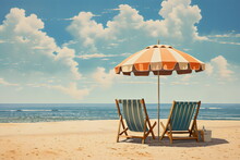 Deckchairs And Umbrella On Beach With Copy Space, Vintage Travel Postcard Style Illustration Made With Generative Ai