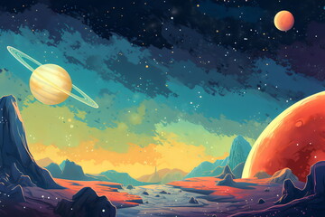 sci-fi space planet surface landscape with copy space, vintage illustration made with generative ai